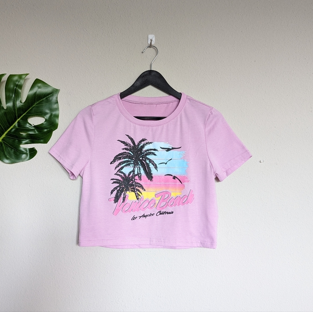 Venice Beach pastel purple pink yellow and blue graphic cropped tee size L - Picture 7 of 8